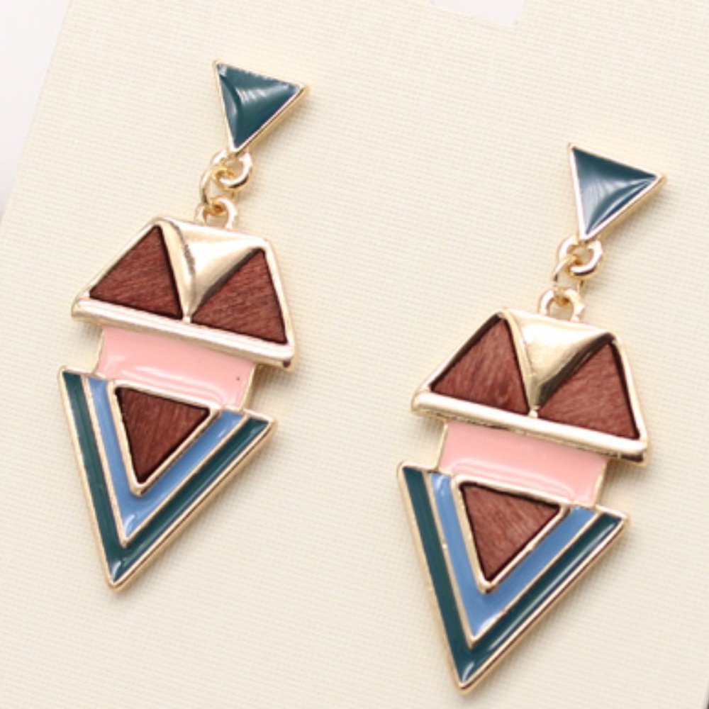 NEW Wood Enamel Geometric Earrings - Picture 2 of 3